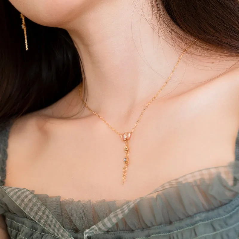 Double Pink Crystal Tassel Silver Necklace