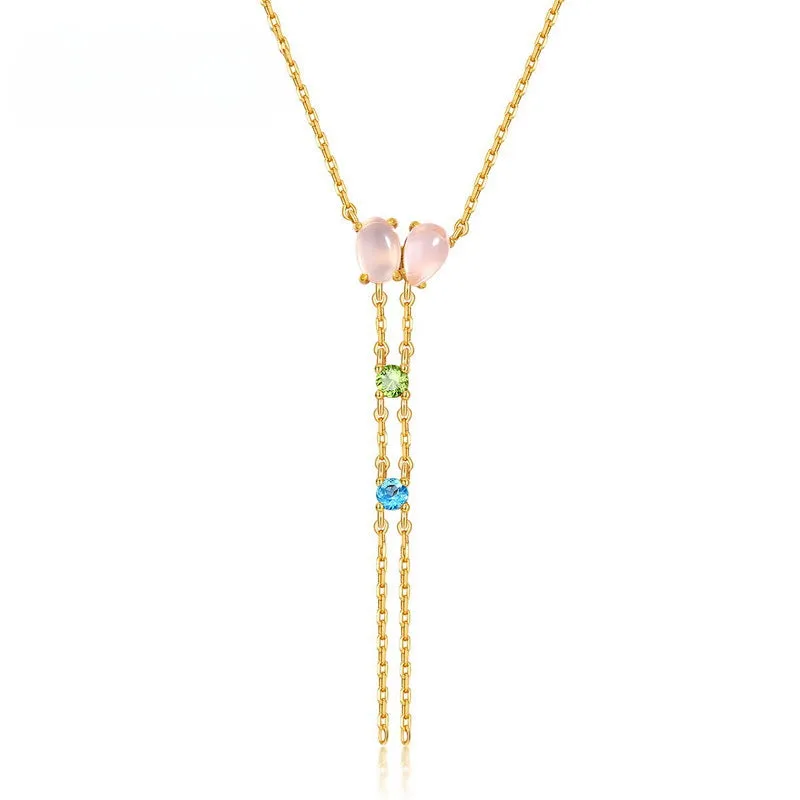 Double Pink Crystal Tassel Silver Necklace