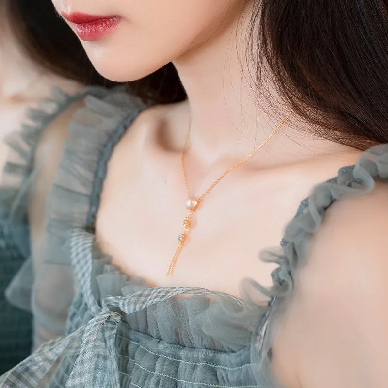 Double Pink Crystal Tassel Silver Necklace