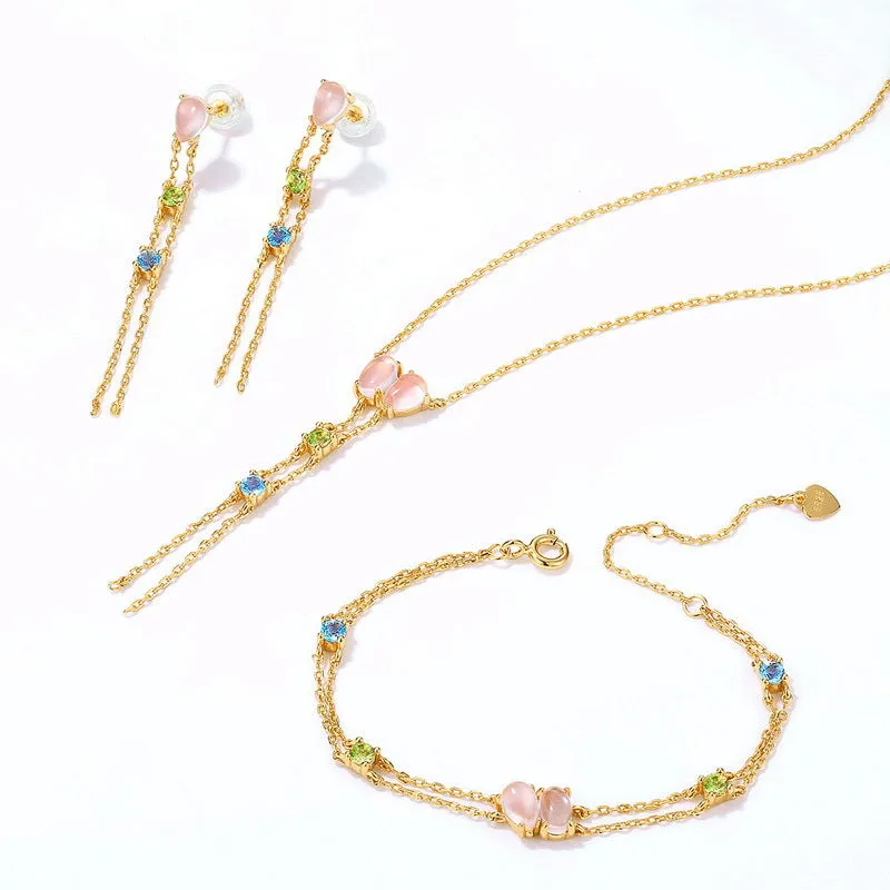 Double Pink Crystal Tassel Silver Necklace