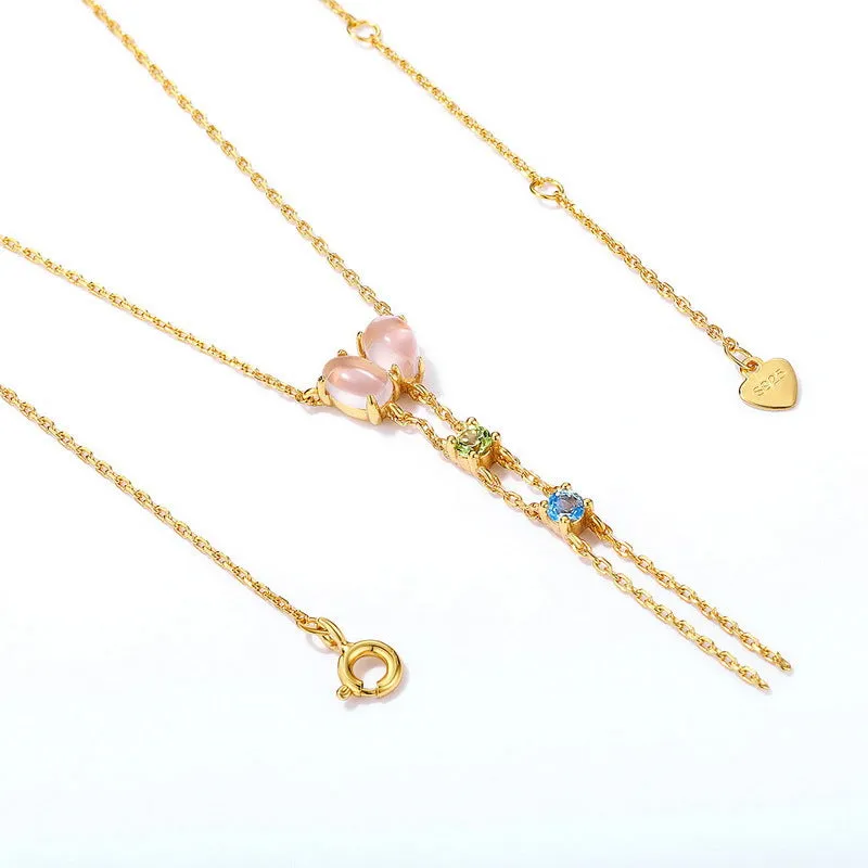 Double Pink Crystal Tassel Silver Necklace