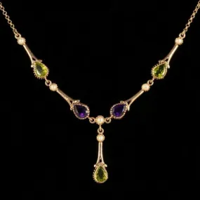 Edwardian Suffragette Style Lavaliere Necklace Peridot Amethyst Pearl 9ct Gold