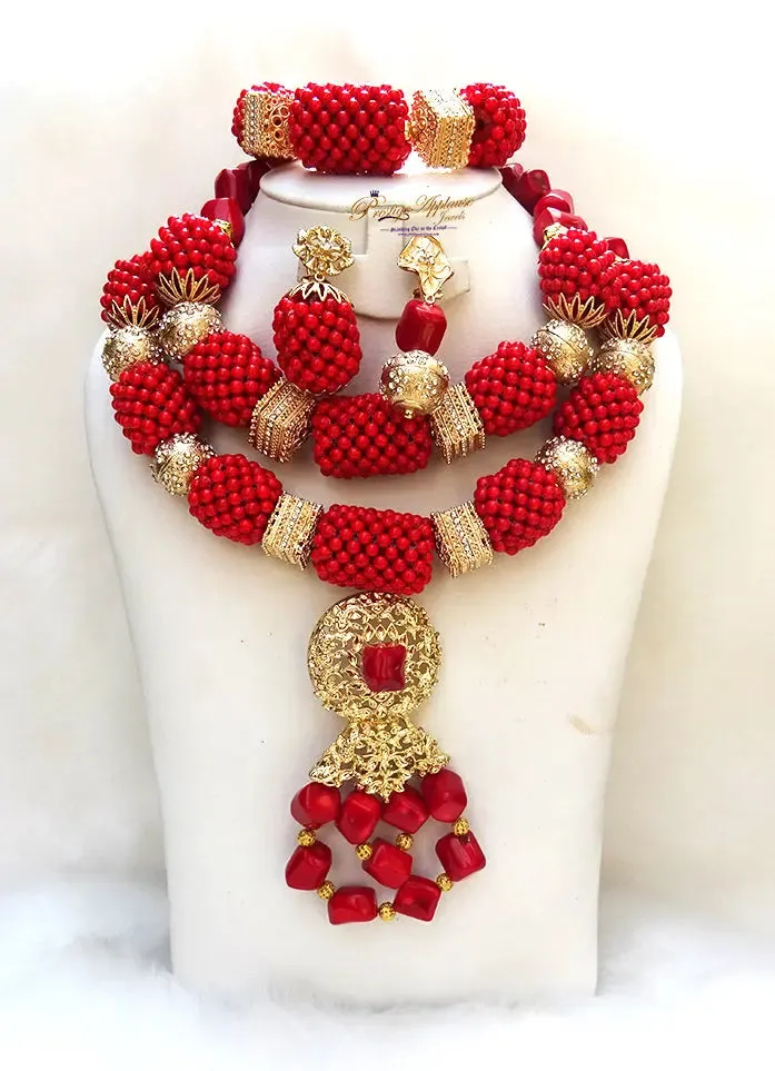 Elongated Beautiful Mixed Traditional Red Coral Style Beads Necklace Set