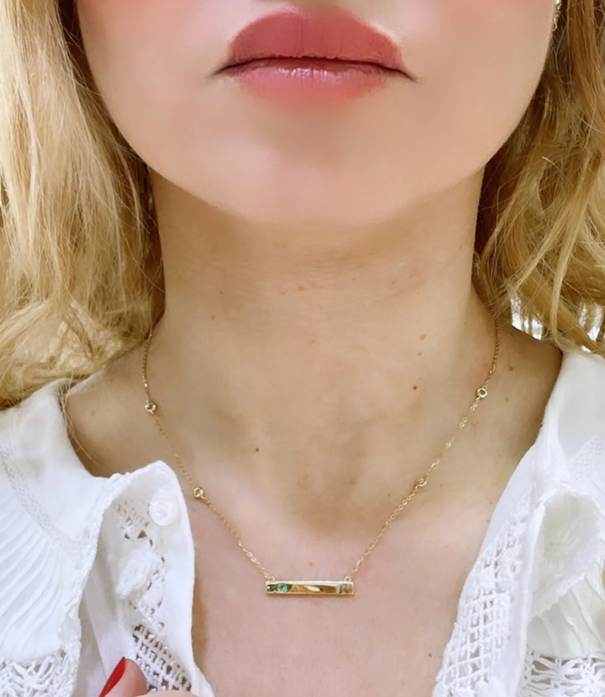 Emerald and Diamond Bar Name Plate Pendant Necklace
