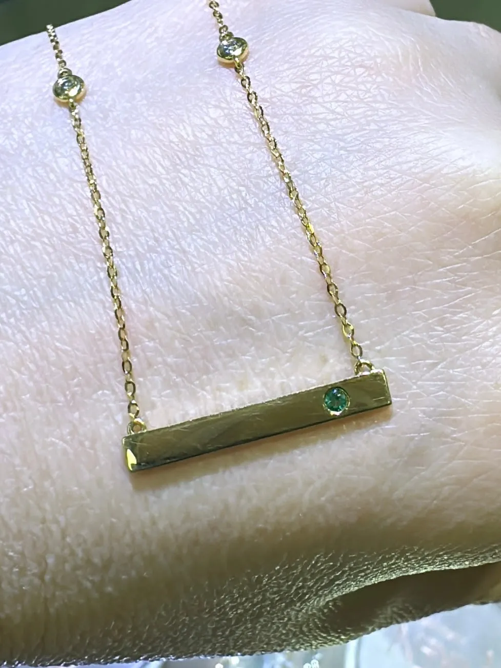 Emerald and Diamond Bar Name Plate Pendant Necklace