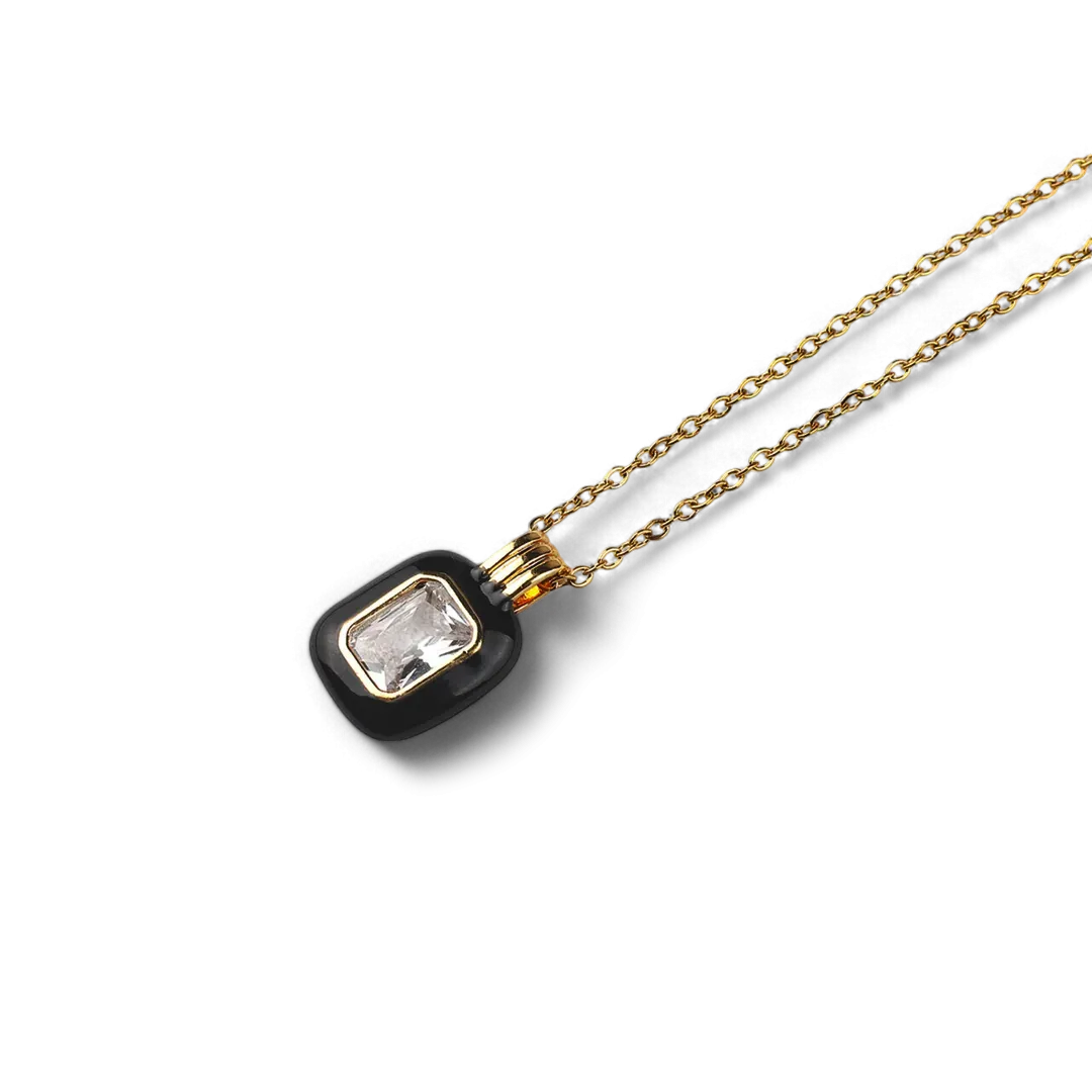 Emerald Cut Gemstone & Enamel Pendant Necklace