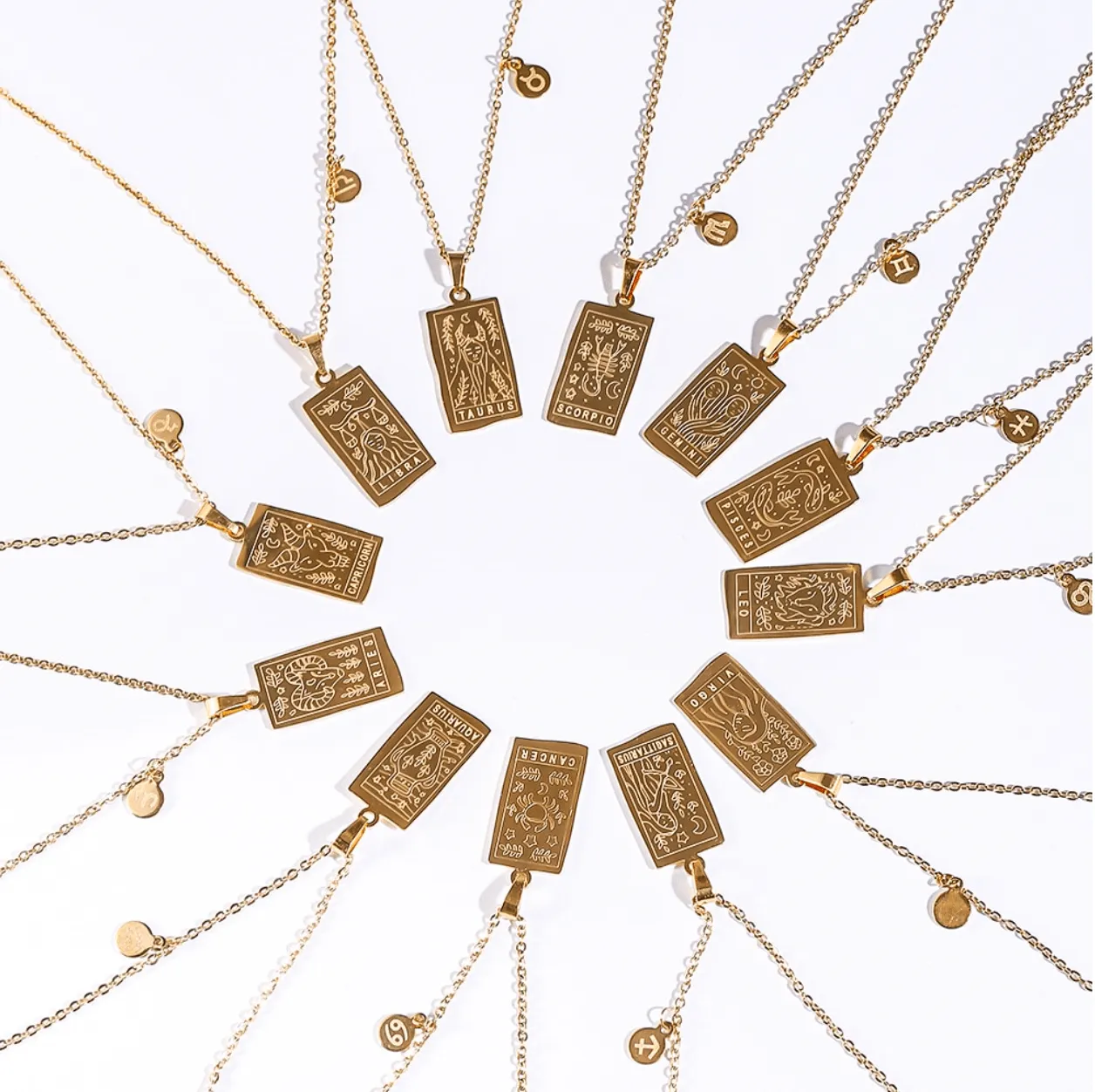 Engraved Tarot-Style Zodiac Necklace & Bracelet