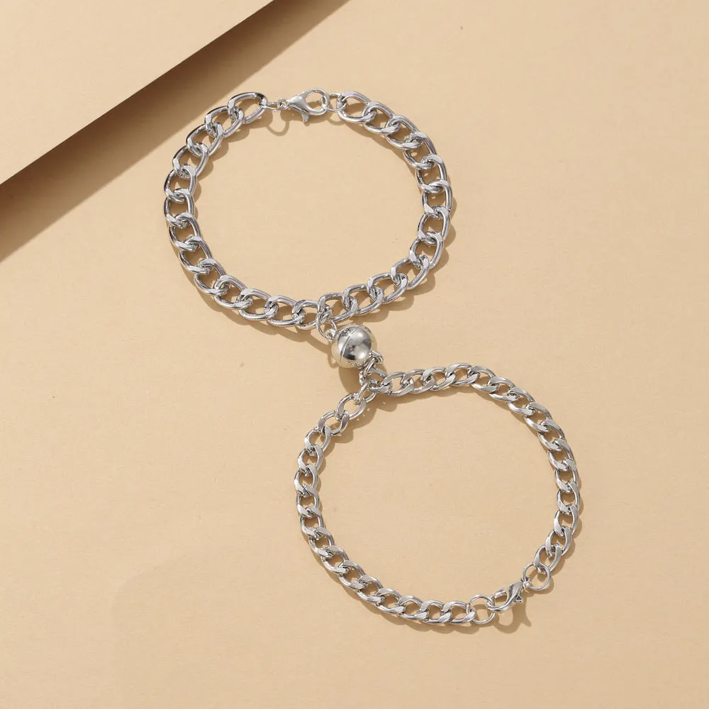 European And American New Personalized Magnet Heart-shaped Bracelet Retro Hip Hop Style Peach Heart Round Couple Bracelet For Men And Women