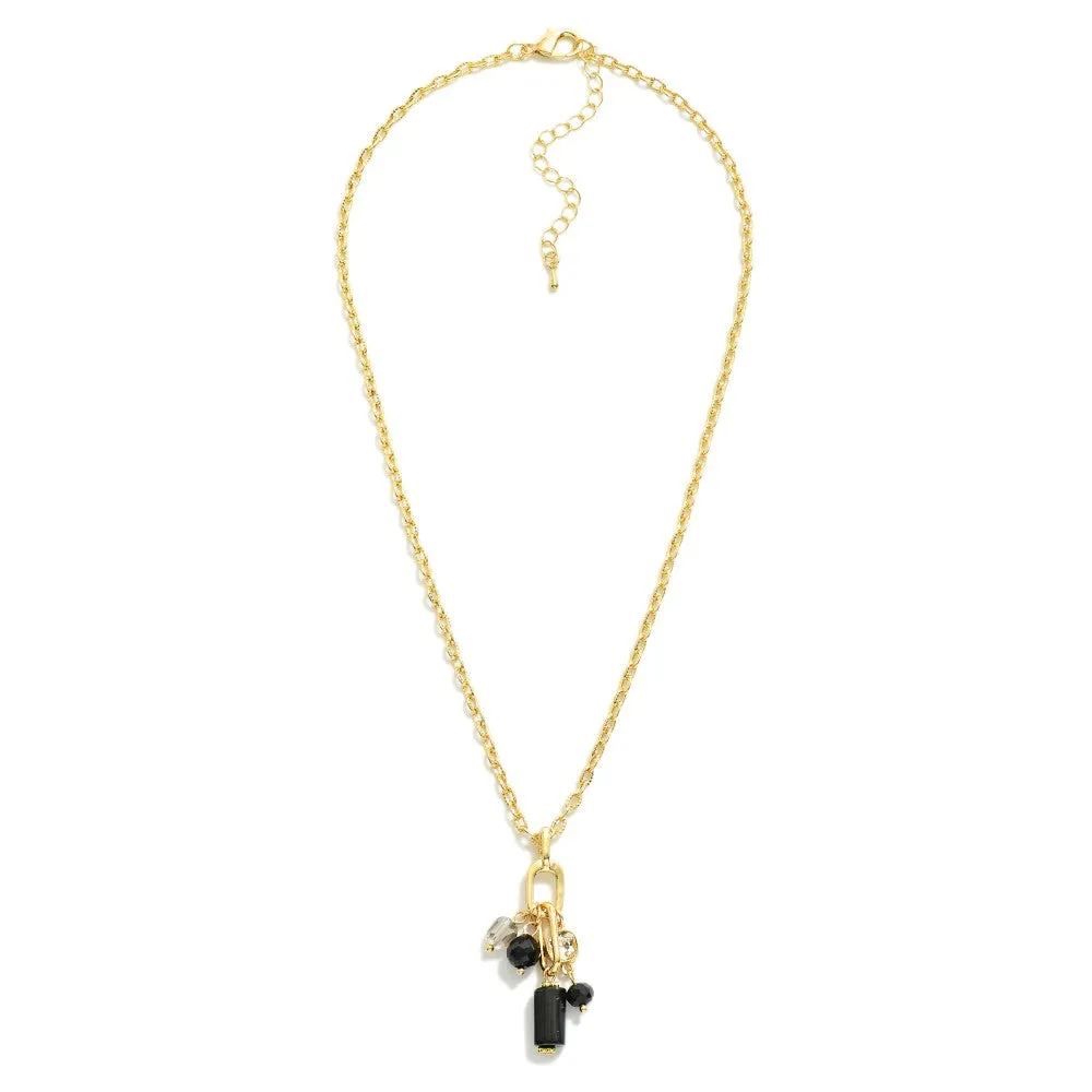 Faceted Stone Pendant Charm Necklace - Black