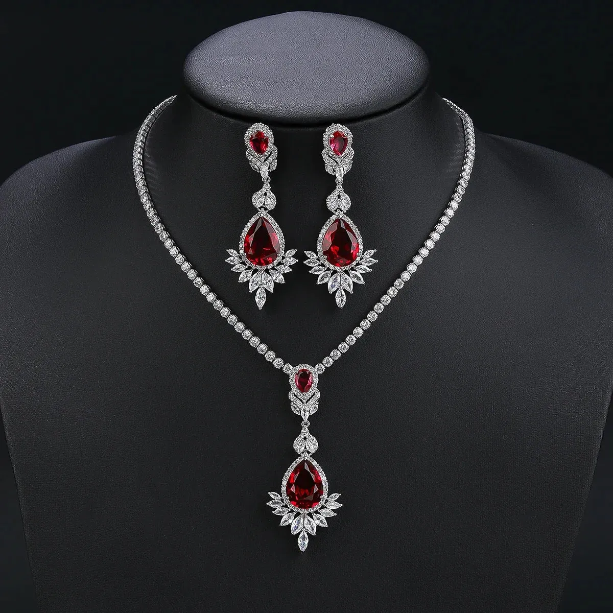 Fashion CZ Cubic Zirconia Water Drop Pendant  Necklace  Earrings Set Bridal Wedding Jewelry Sets for Women Gift CN10472