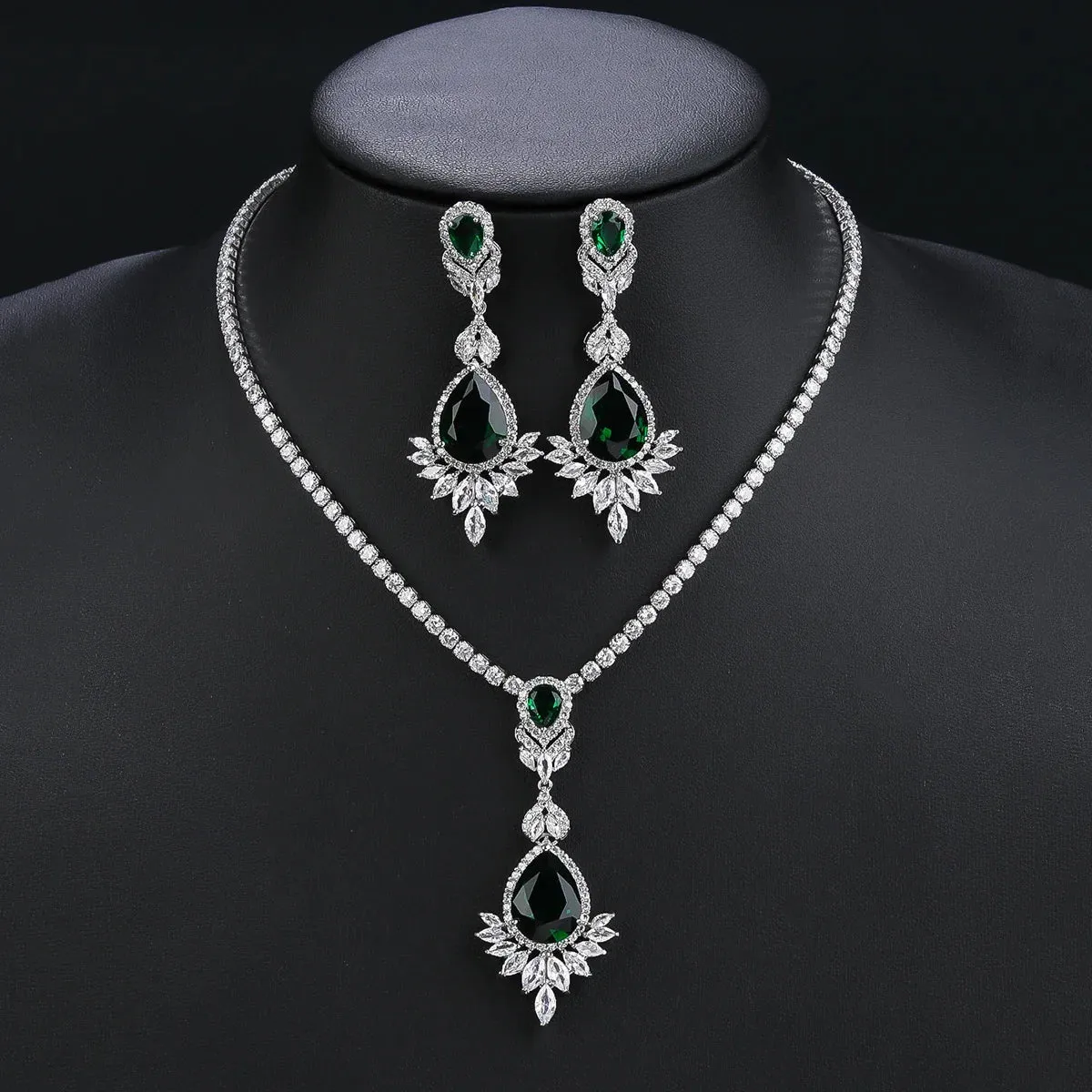 Fashion CZ Cubic Zirconia Water Drop Pendant  Necklace  Earrings Set Bridal Wedding Jewelry Sets for Women Gift CN10472