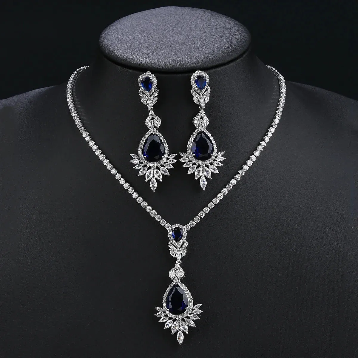 Fashion CZ Cubic Zirconia Water Drop Pendant  Necklace  Earrings Set Bridal Wedding Jewelry Sets for Women Gift CN10472