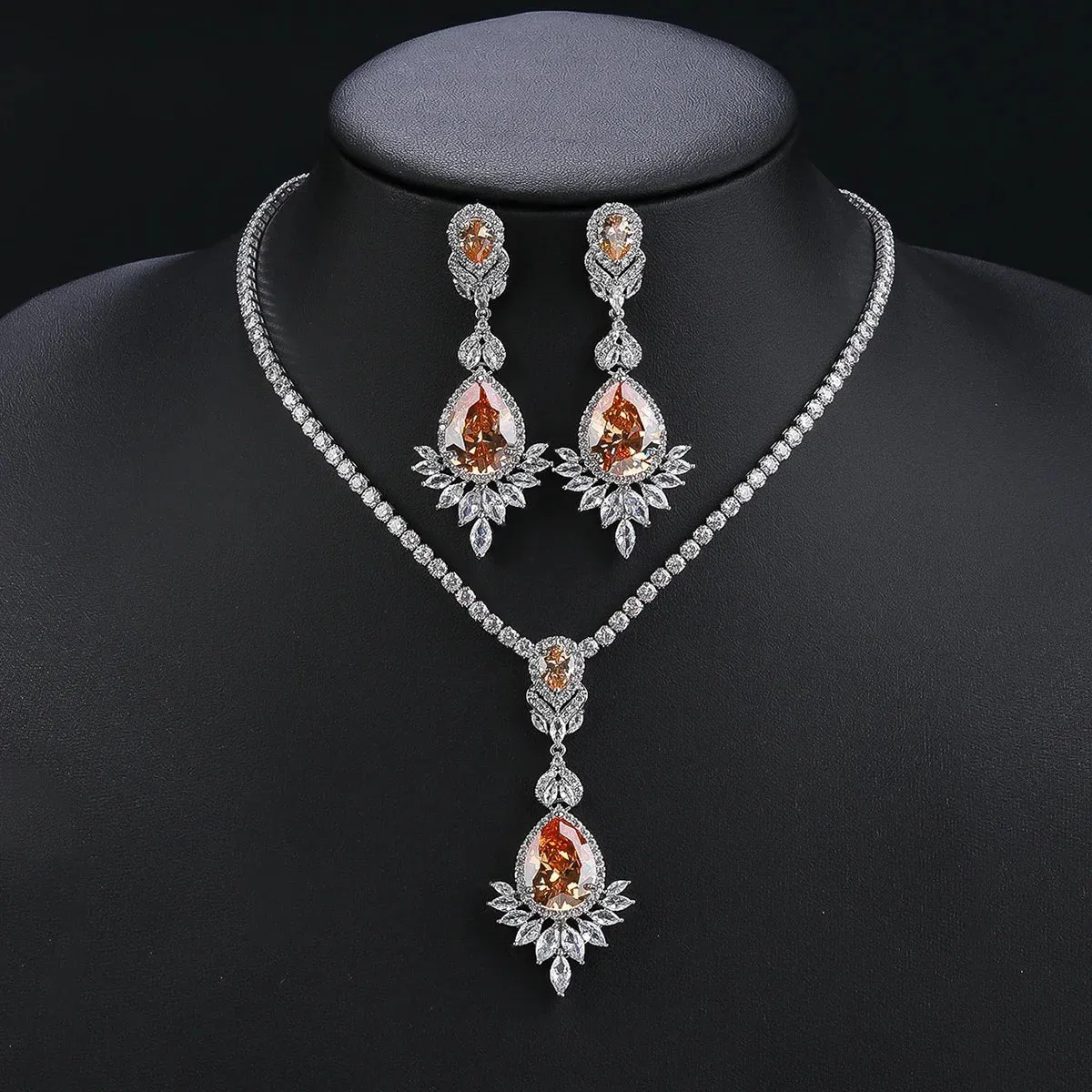 Fashion CZ Cubic Zirconia Water Drop Pendant  Necklace  Earrings Set Bridal Wedding Jewelry Sets for Women Gift CN10472