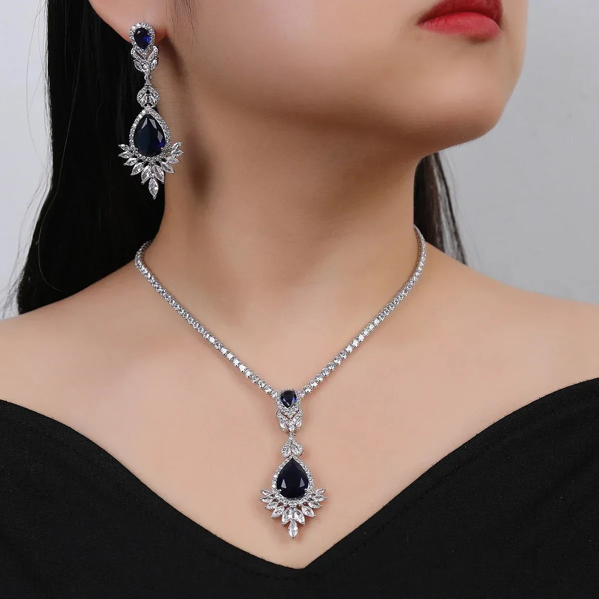 Fashion CZ Cubic Zirconia Water Drop Pendant  Necklace  Earrings Set Bridal Wedding Jewelry Sets for Women Gift CN10472