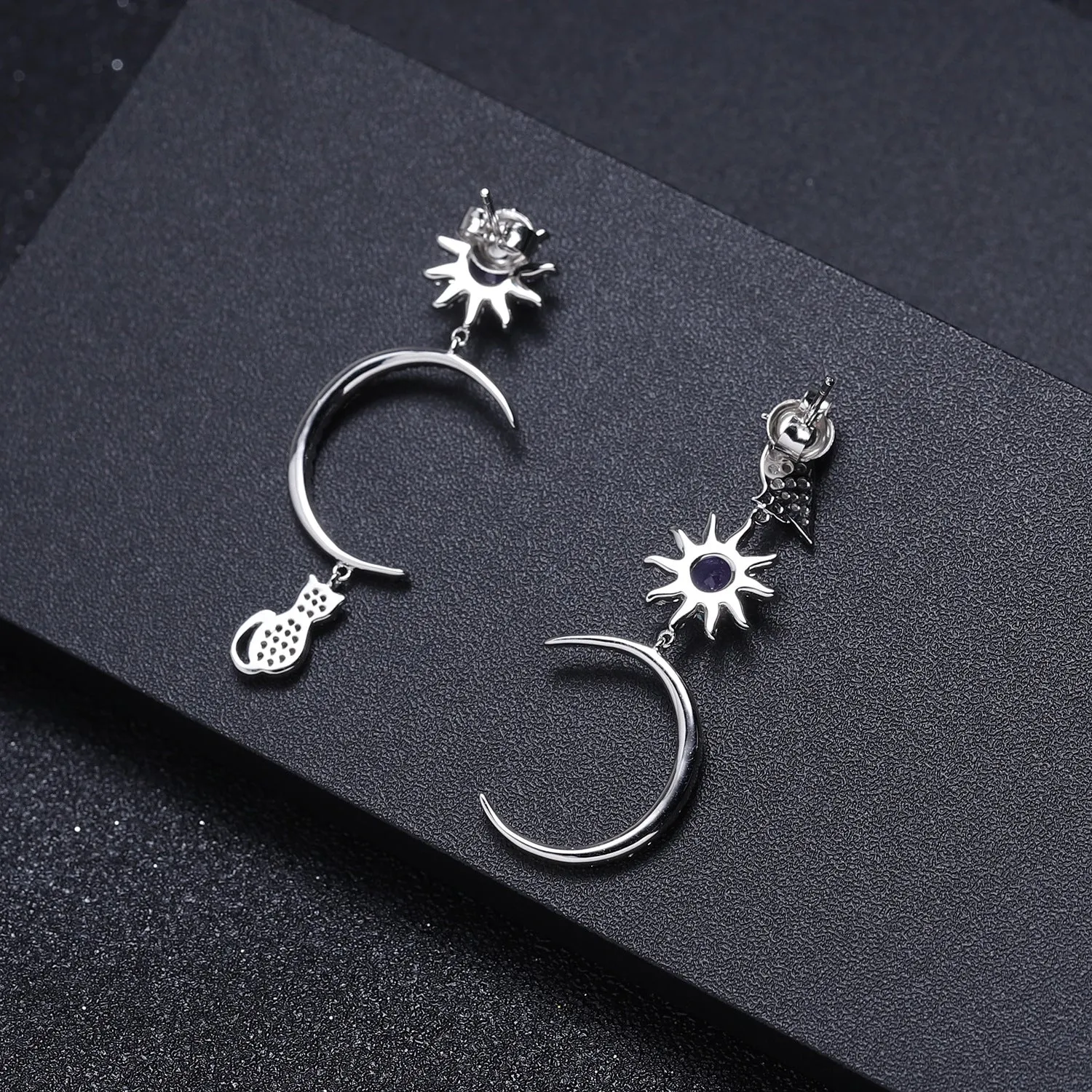 French Romantic Style Inlaid Colourful Gemston Bird and Cat with Moon Sun Silver Drop Earrings for Women