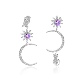 French Romantic Style Inlaid Colourful Gemston Bird and Cat with Moon Sun Silver Drop Earrings for Women
