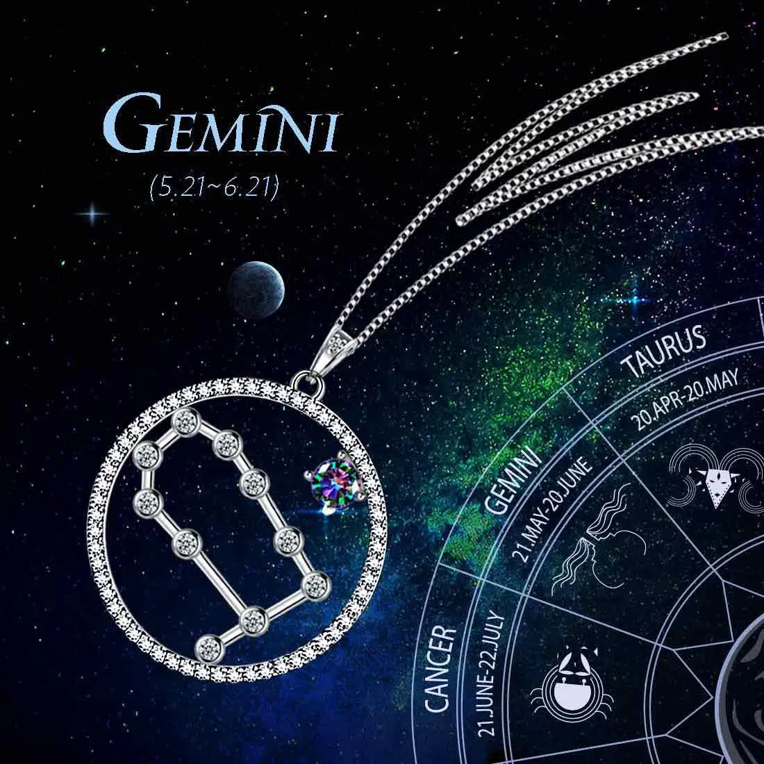 Gemini Zodiac Necklace Pendant Women Girls Jewelry Birthday Gift Mystic Topaz 925 Silver