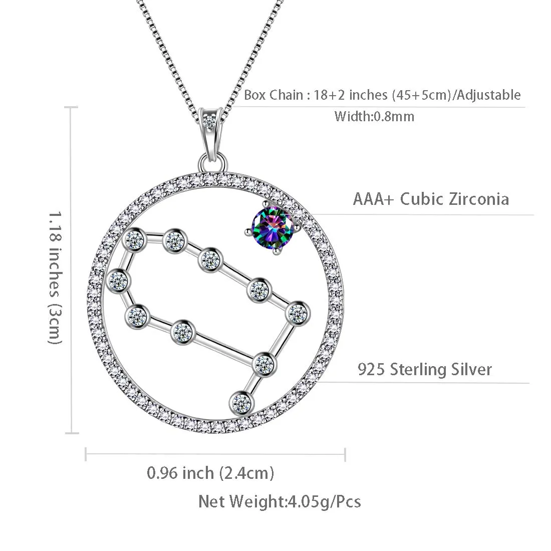 Gemini Zodiac Necklace Pendant Women Girls Jewelry Birthday Gift Mystic Topaz 925 Silver
