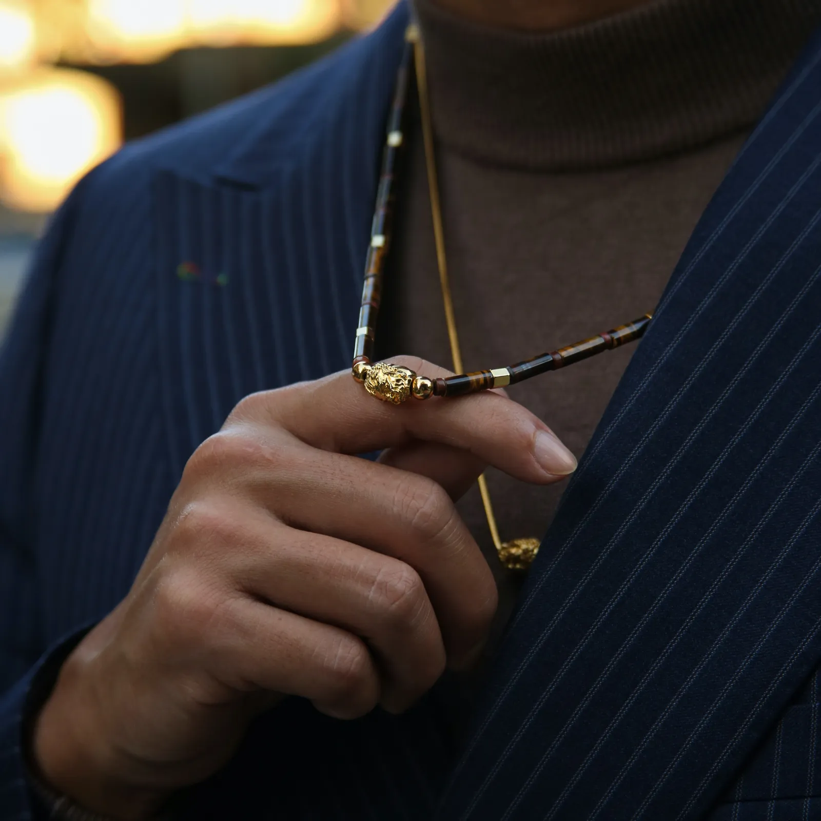 Gold Buddha Necklace, Azuro Bead with Tiger Eye