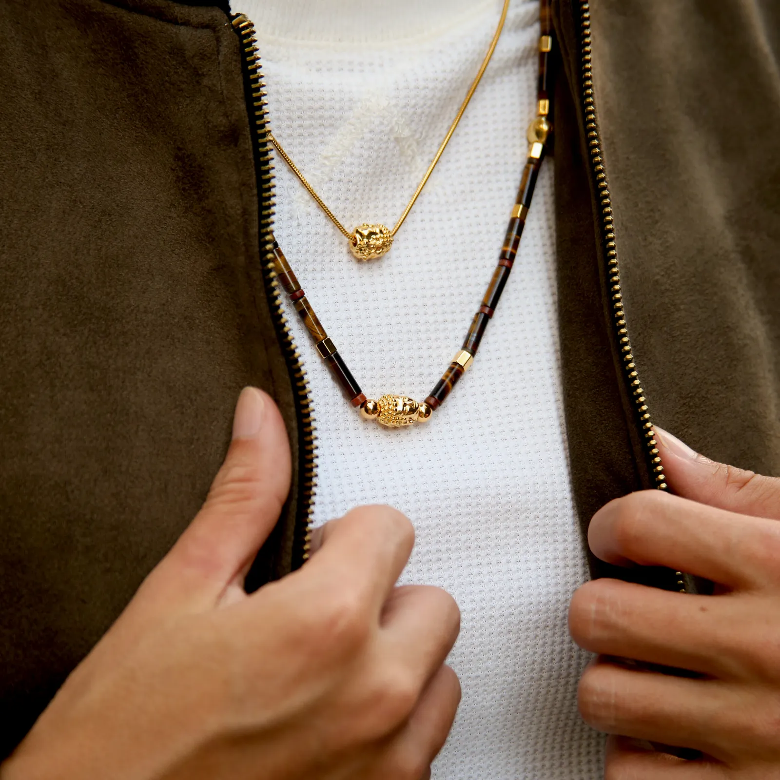 Gold Buddha Necklace, Azuro Bead with Tiger Eye