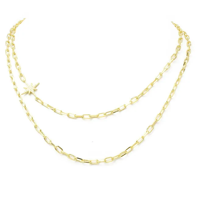 Gold Linked Chain Layered Necklace with CZ Starburst Station