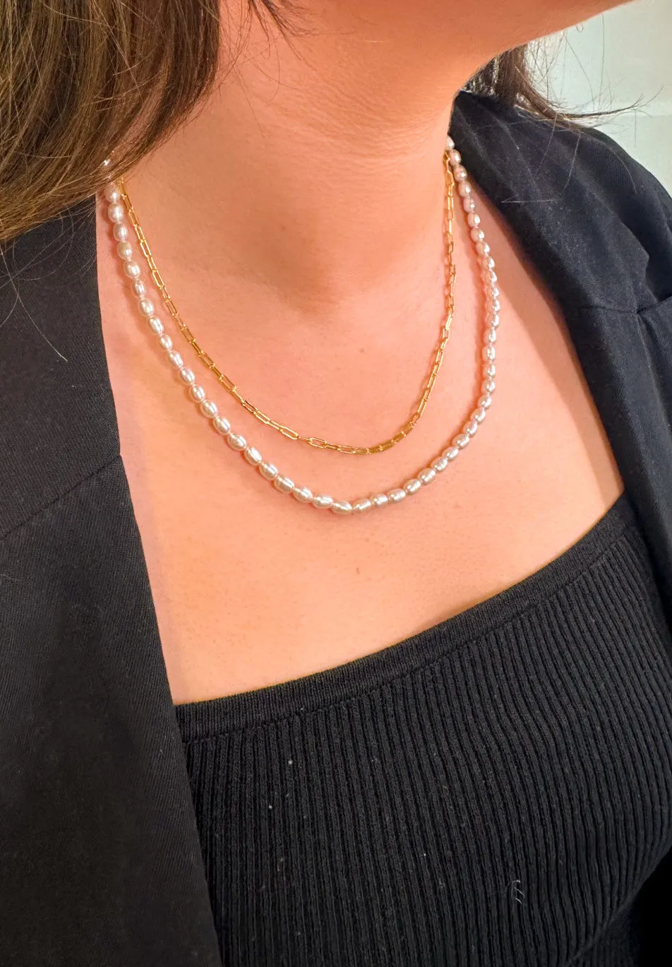 Golden Double Layer Pearl and Rectangular Link Necklace