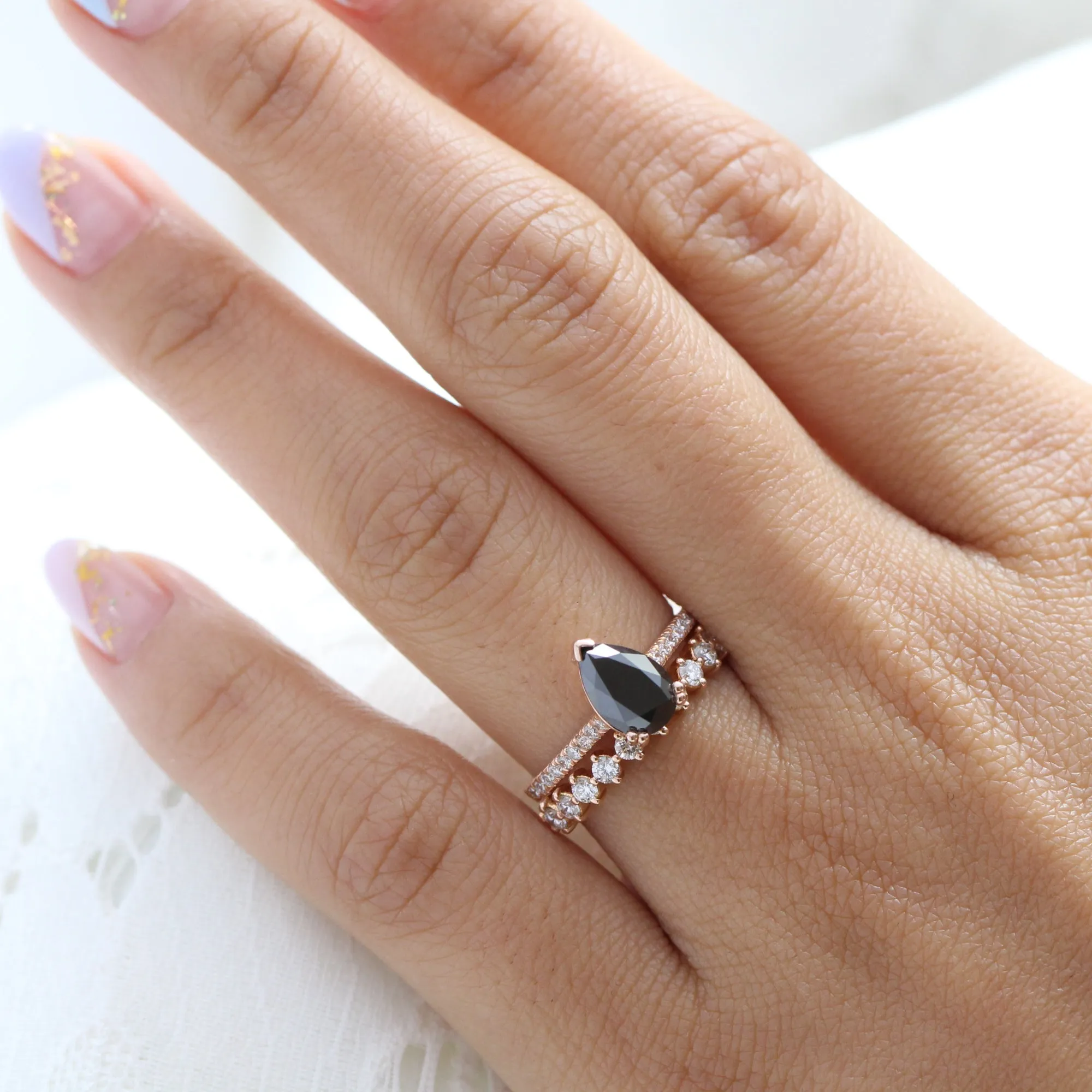 Grace Solitaire Black Diamond Ring Set w/ Pear Diamond and 4 Prong Wedding Band