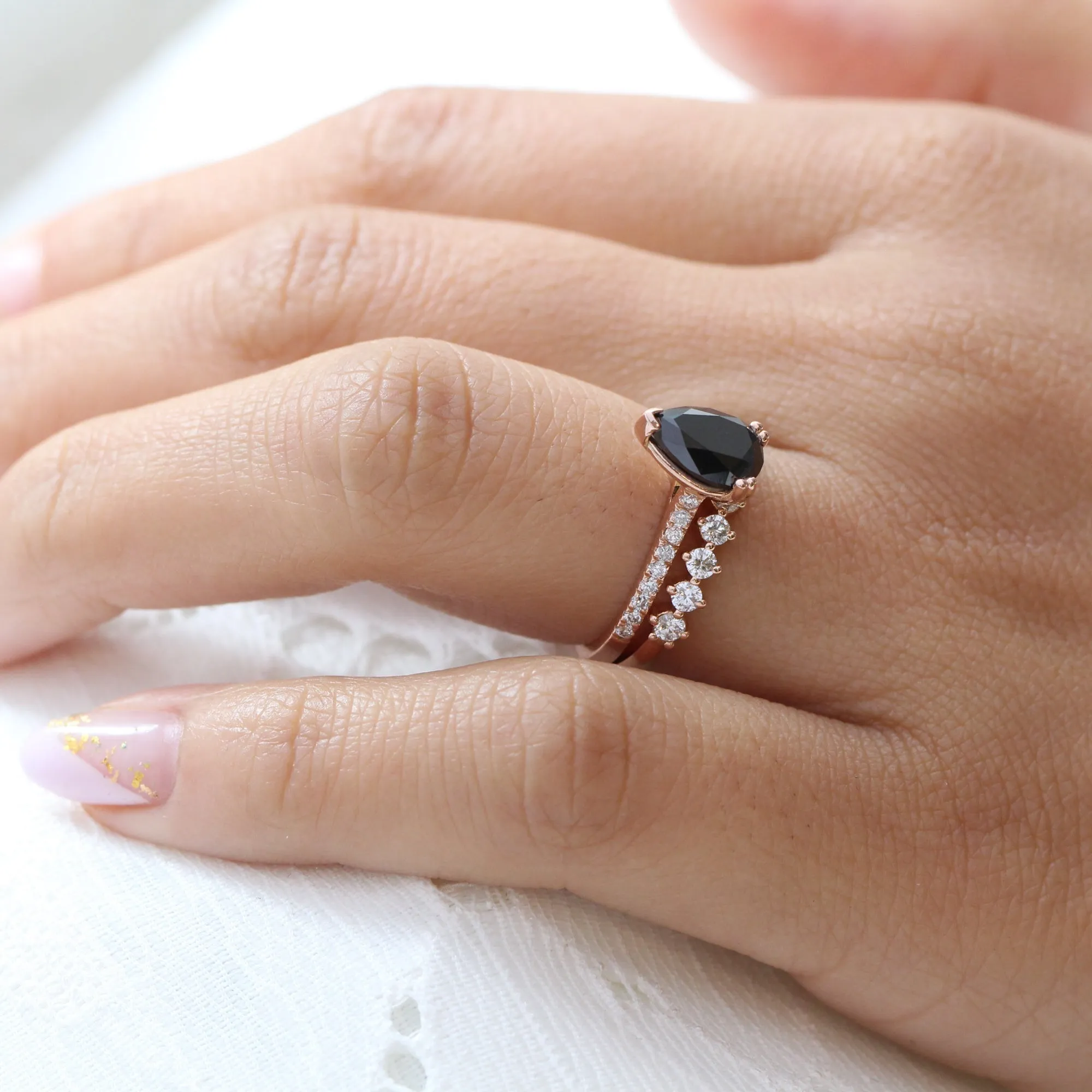 Grace Solitaire Black Diamond Ring Set w/ Pear Diamond and 4 Prong Wedding Band