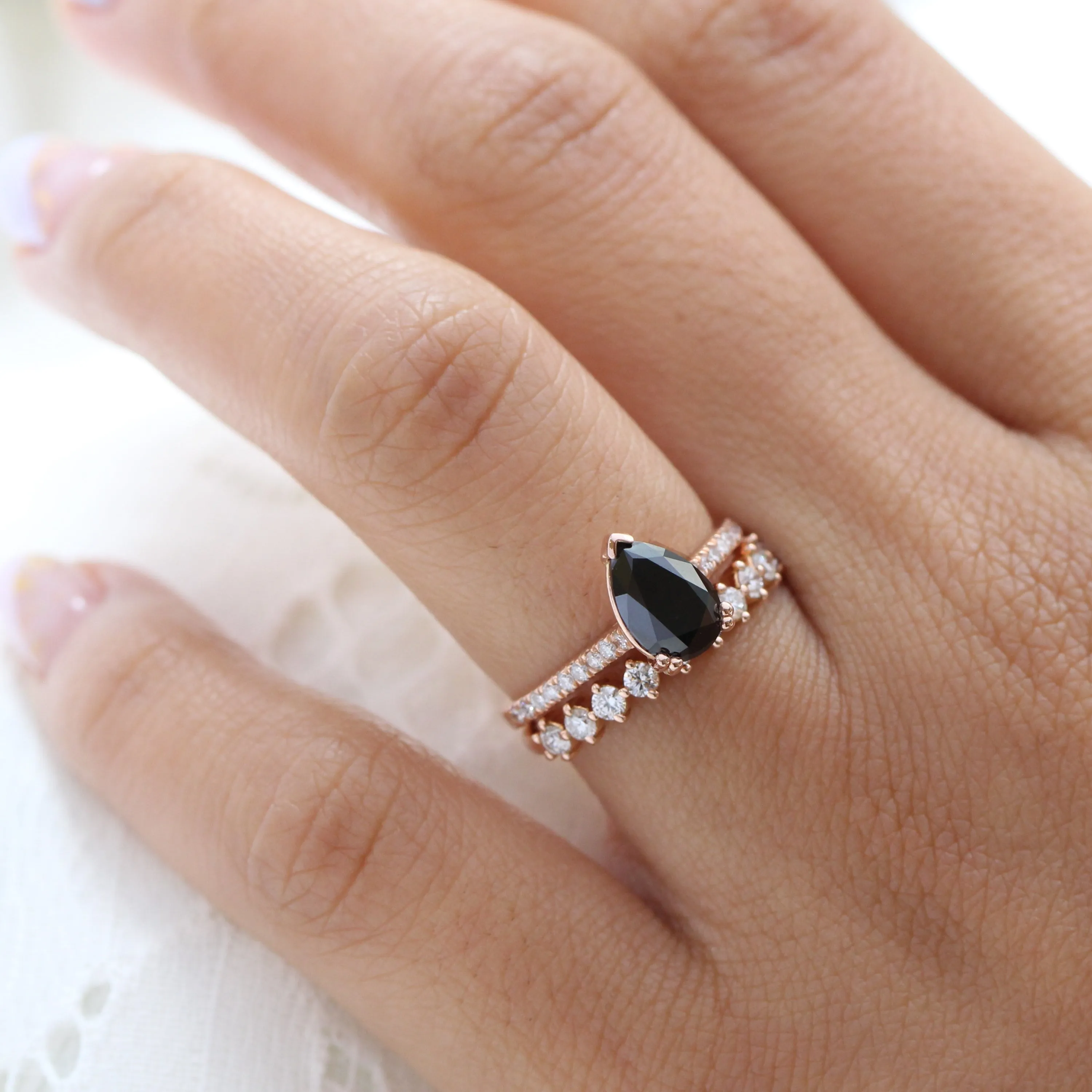 Grace Solitaire Black Diamond Ring Set w/ Pear Diamond and 4 Prong Wedding Band