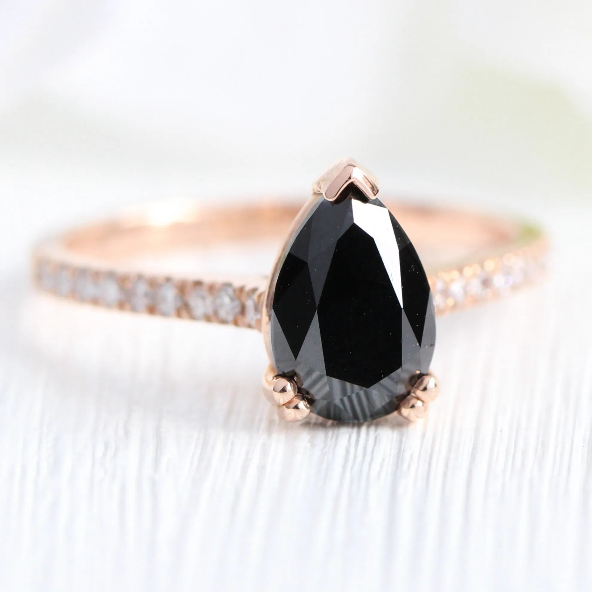 Grace Solitaire Black Diamond Ring Set w/ Pear Diamond and 4 Prong Wedding Band