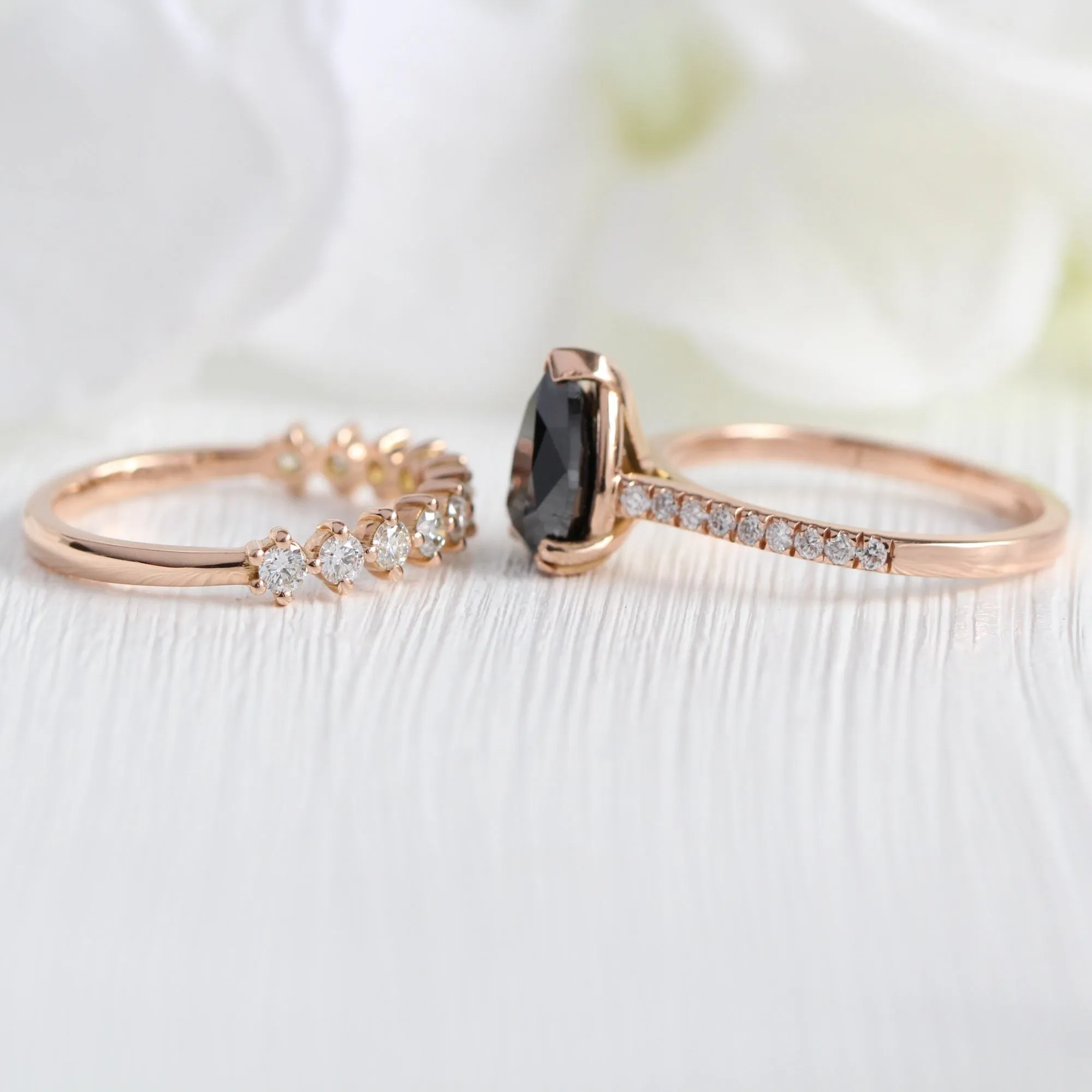 Grace Solitaire Black Diamond Ring Set w/ Pear Diamond and 4 Prong Wedding Band