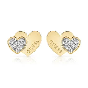 Guess Yellow Gold Plated Double Heart Pave Stud Earrings