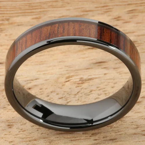 High Tech Black Ceramic Natural Koa Wood Flat Wedding Ring 6mm