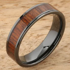 High Tech Black Ceramic Natural Koa Wood Flat Wedding Ring 6mm