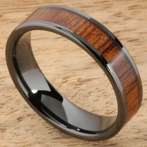 High Tech Black Ceramic Natural Koa Wood Flat Wedding Ring 6mm