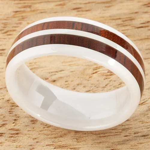 High Tech White Ceramic Natural Koa Wood Double Row Oval Wedding Ring 8mm