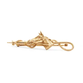 Horse Head & Riding Crop Brooch - 14ct Yellow Gold