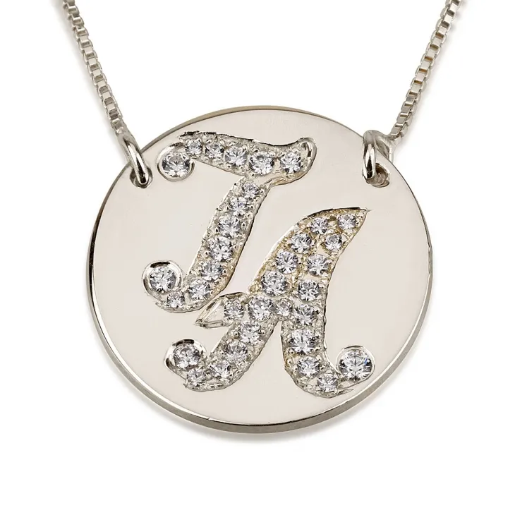 Initial Disc Necklace with Cubic Zirconia - 14k White Gold