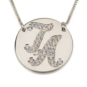 Initial Disc Necklace with Cubic Zirconia - 14k White Gold