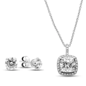 Jewelili Sterling Silver Checker Board Cushion and Round White Topaz with Diamonds 2-Piece Box Set
