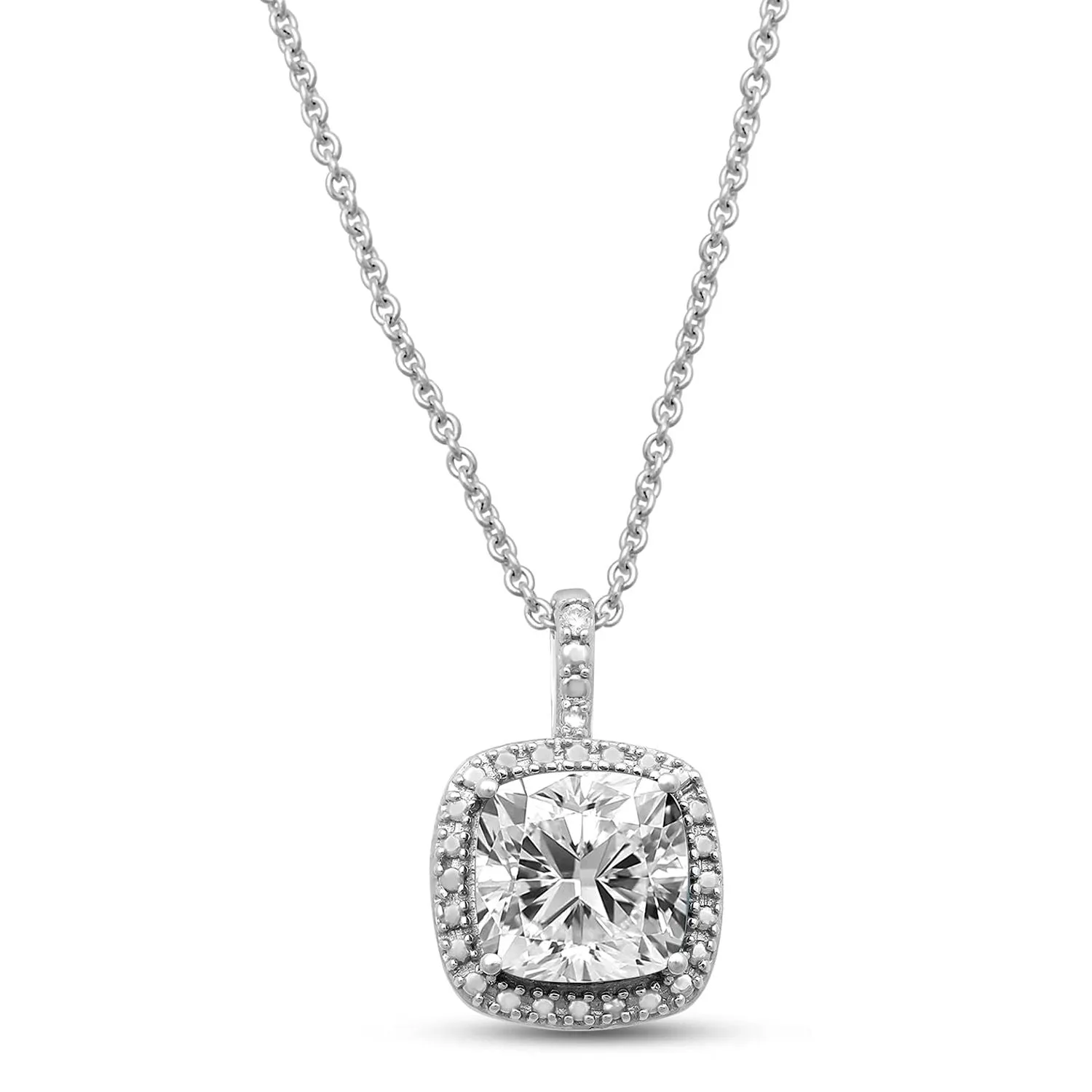 Jewelili Sterling Silver Checker Board Cushion and Round White Topaz with Diamonds 2-Piece Box Set