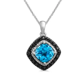 Jewelili Sterling Silver with Cushion Shape Sky Blue Topaz and Treated Black and Natural White Round Diamonds Pendant Necklace