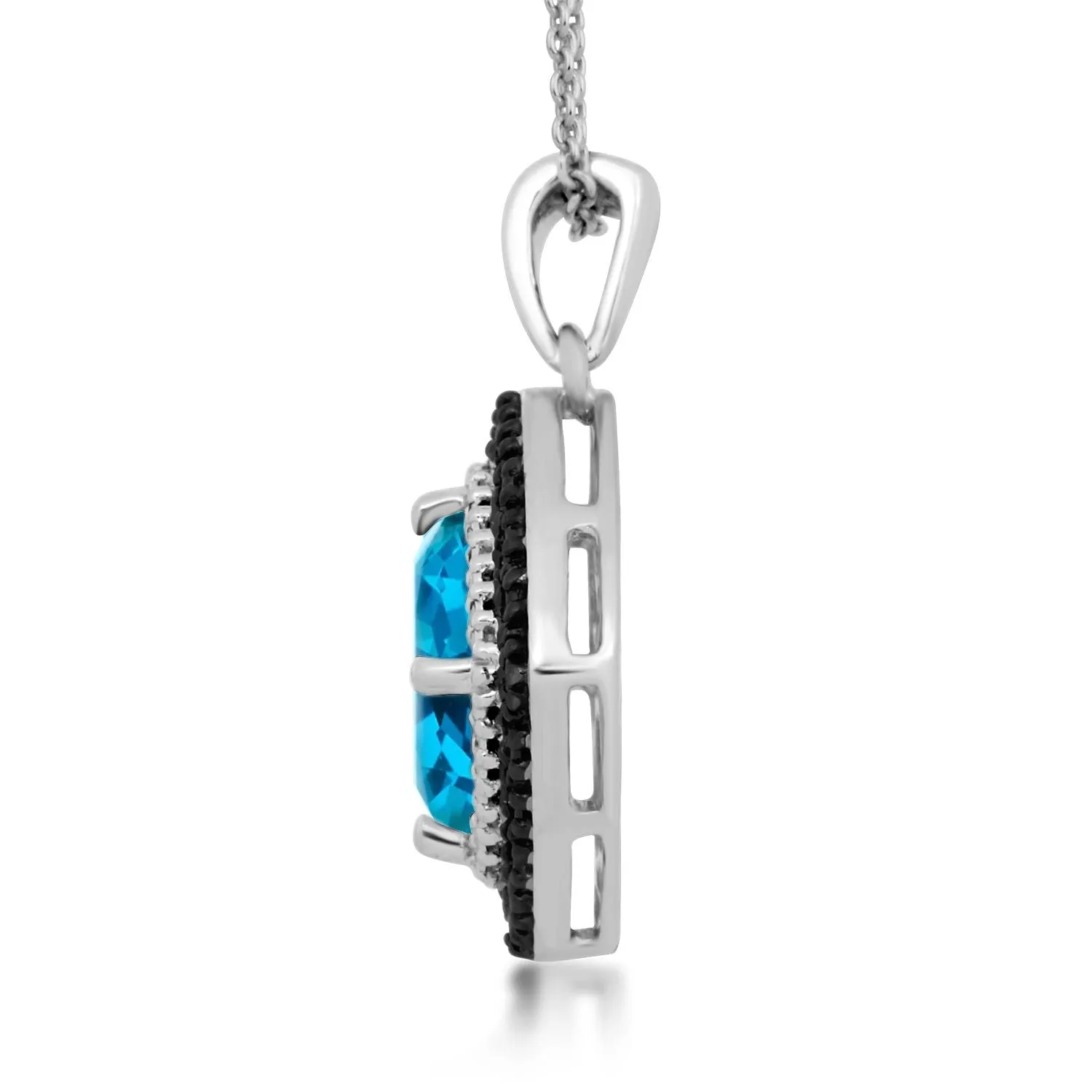 Jewelili Sterling Silver with Cushion Shape Sky Blue Topaz and Treated Black and Natural White Round Diamonds Pendant Necklace
