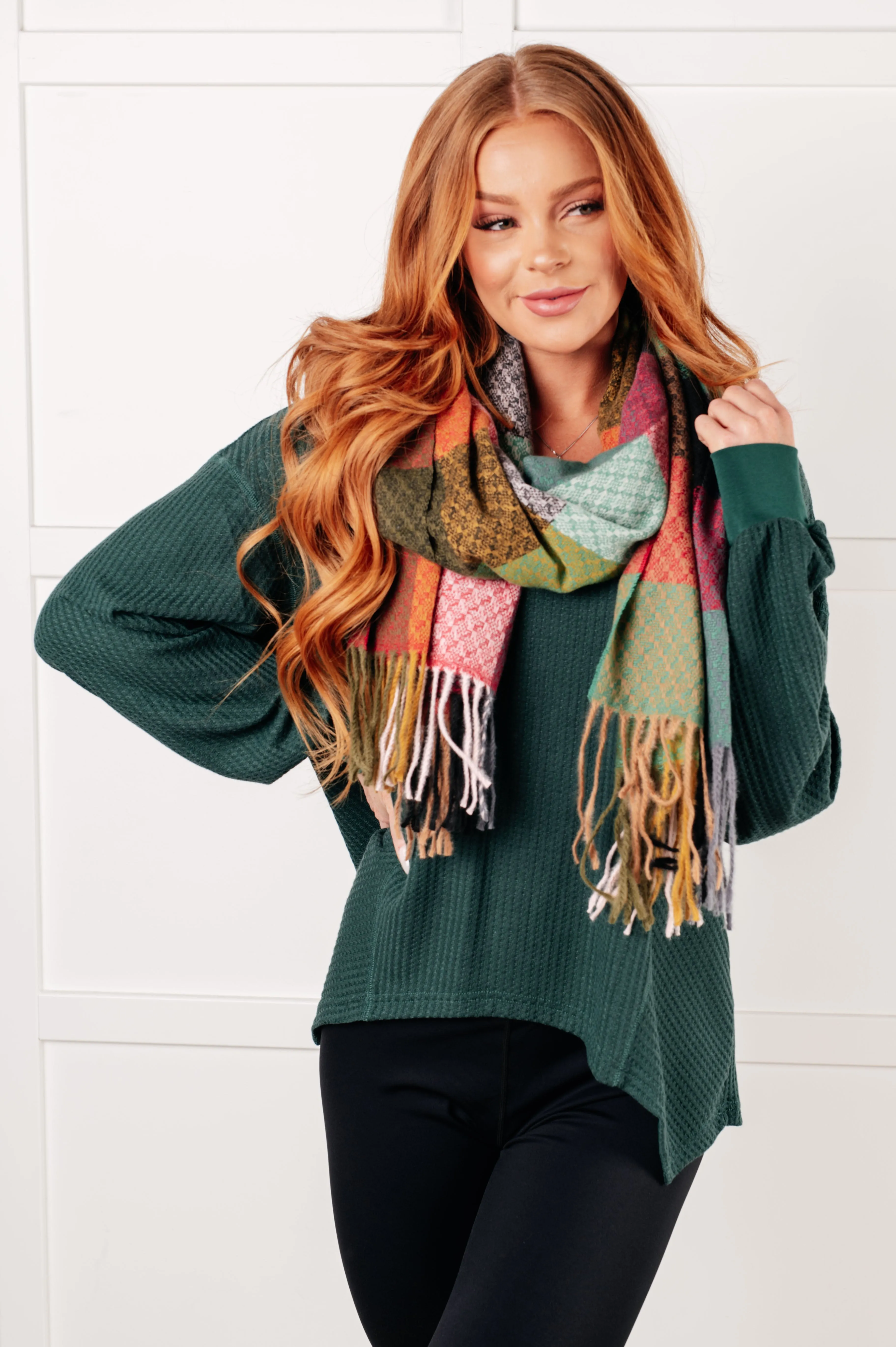 Keep Me Cozy Checkered Fringe Scarf in Berry (Online Exclusive)