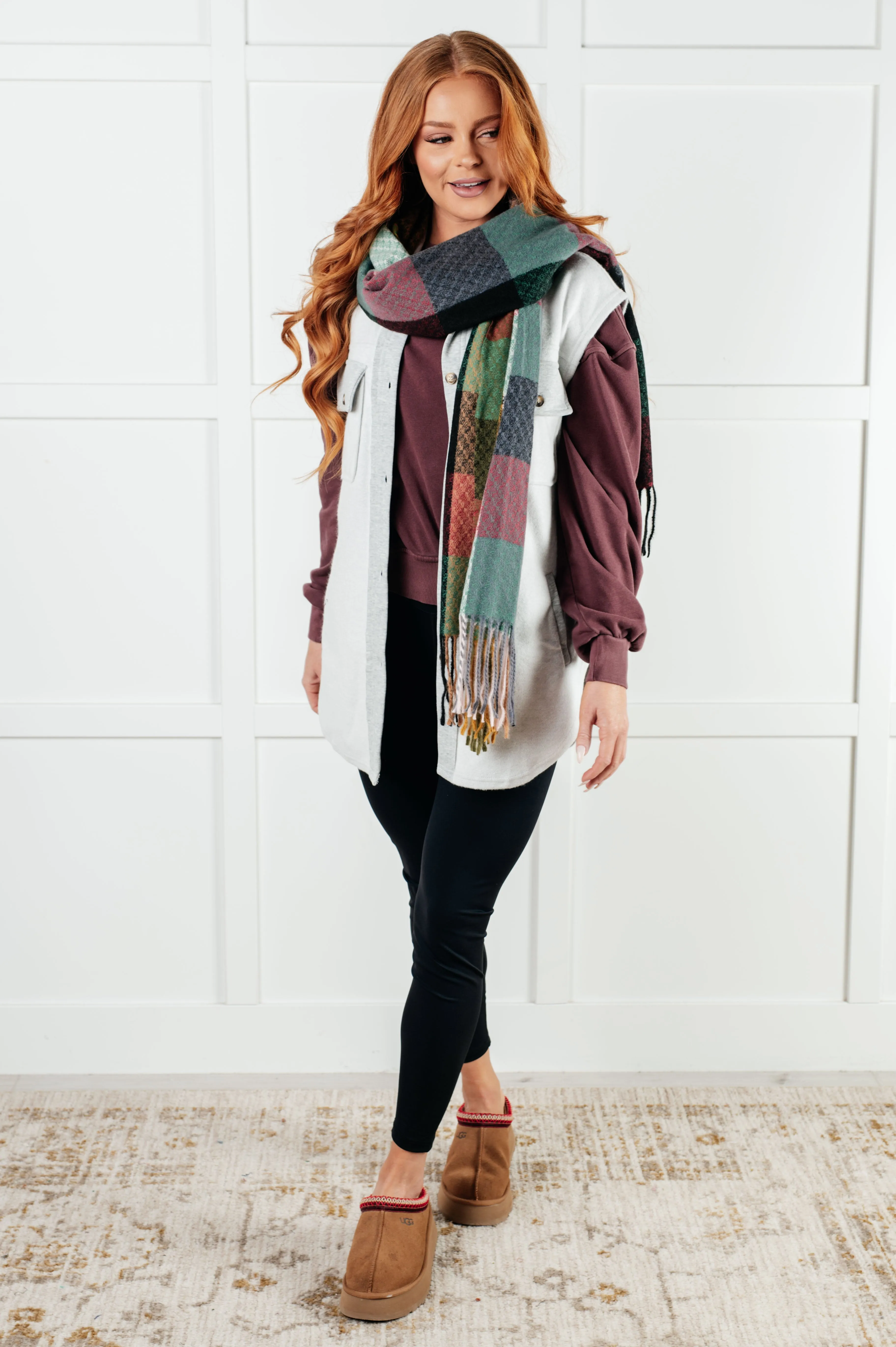 Keep Me Cozy Checkered Fringe Scarf in Berry (Online Exclusive)