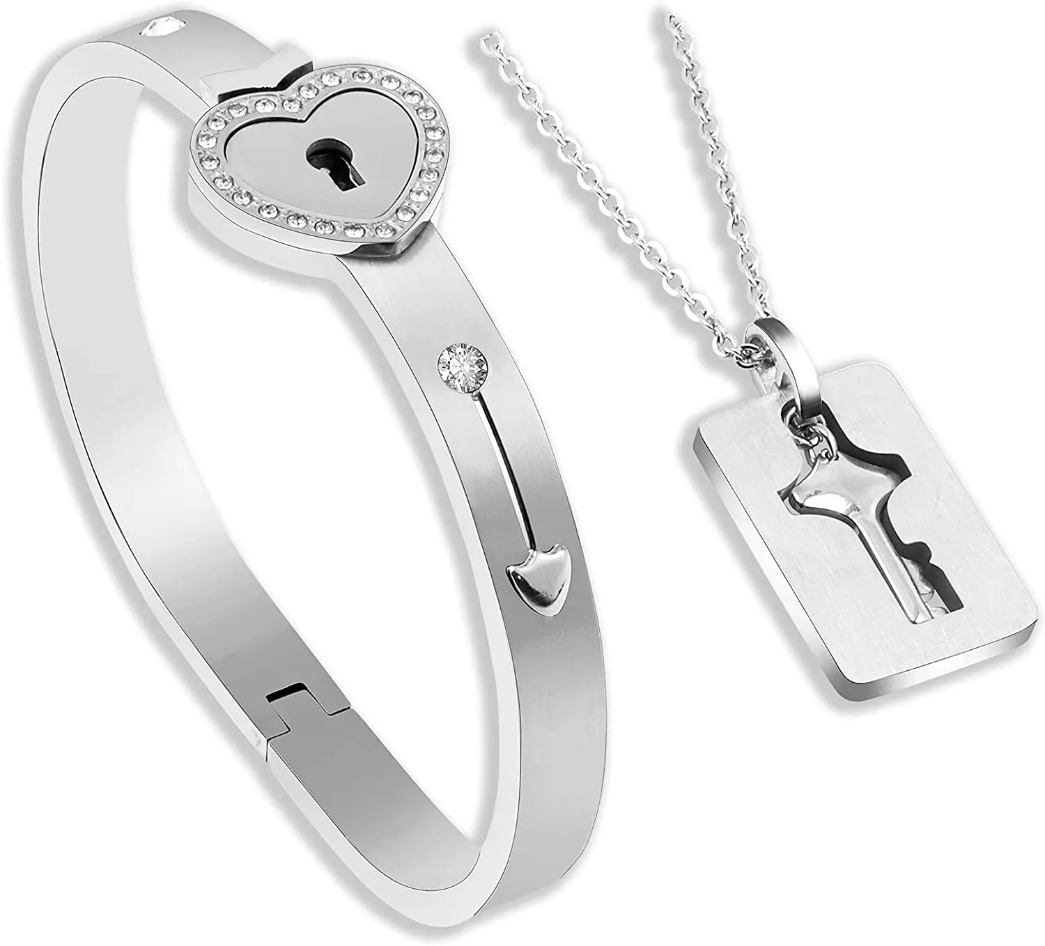 Key Necklace and Lock Bracelet Titanium Steel Couples Bracelet Key Interlock Jewelry Romantic Gift for Valentines Day, Birthday Wedding Gift for Women Her