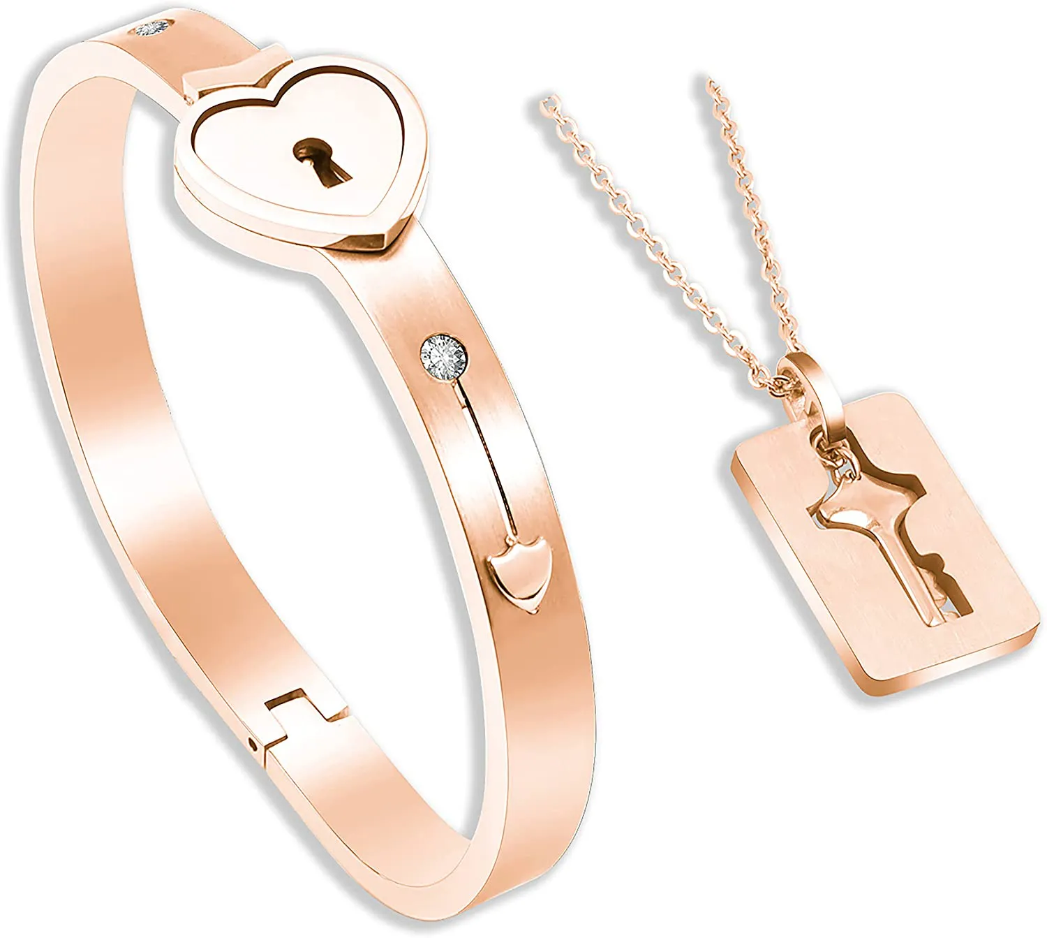 Key Necklace and Lock Bracelet Titanium Steel Couples Bracelet Key Interlock Jewelry Romantic Gift for Valentines Day, Birthday Wedding Gift for Women Her