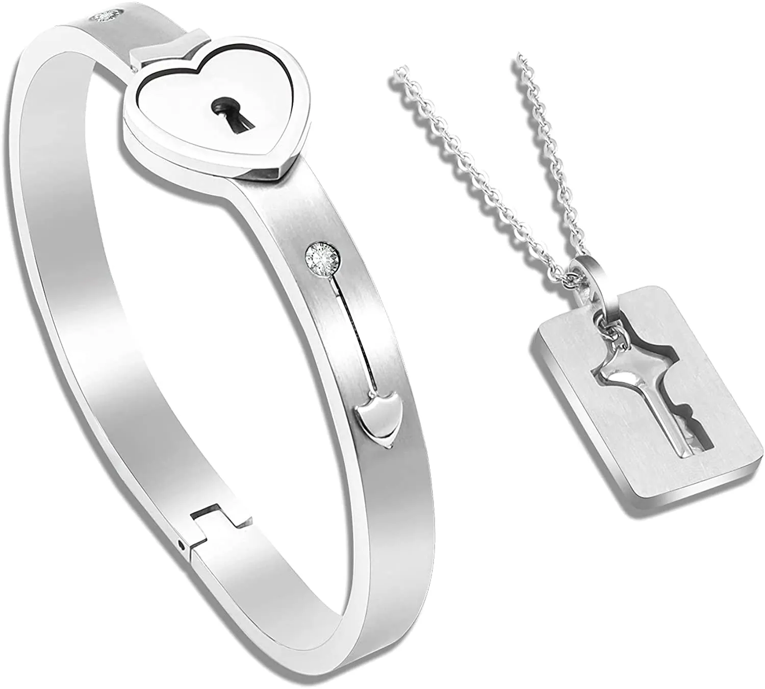 Key Necklace and Lock Bracelet Titanium Steel Couples Bracelet Key Interlock Jewelry Romantic Gift for Valentines Day, Birthday Wedding Gift for Women Her