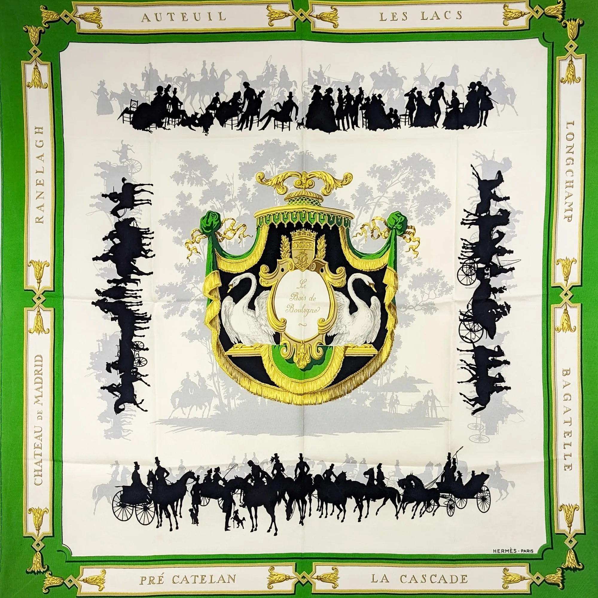 Le Bois de Boulogne Hermes Scarf by Hugo Grygkar 90 cm Silk Twill - Early Issue Kelly Green