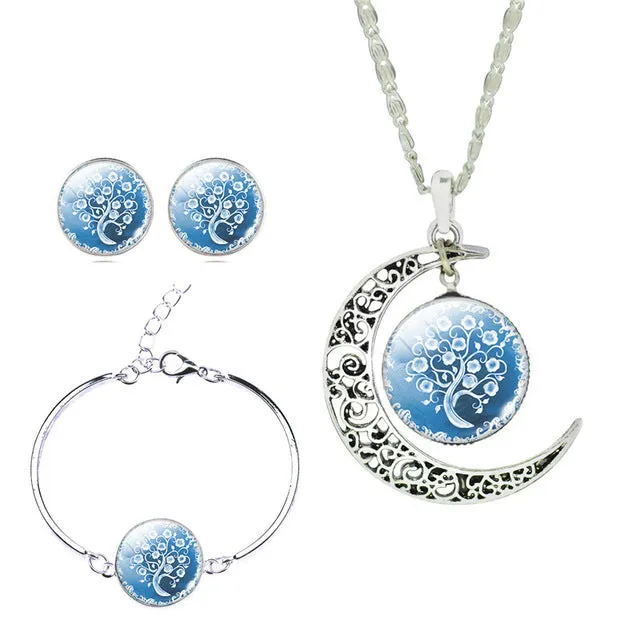 LIEBE ENGEL Newest Silver Color Jewelry Glass Galaxy Jewelry Sets  Statement Necklace Stud Earrings Bangles Bracelets For Women